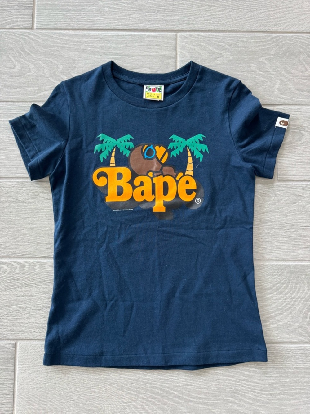 BAPE A BATHING APE Summer Tee Baby Milo with Palm Trees Blue Size XS VGUC